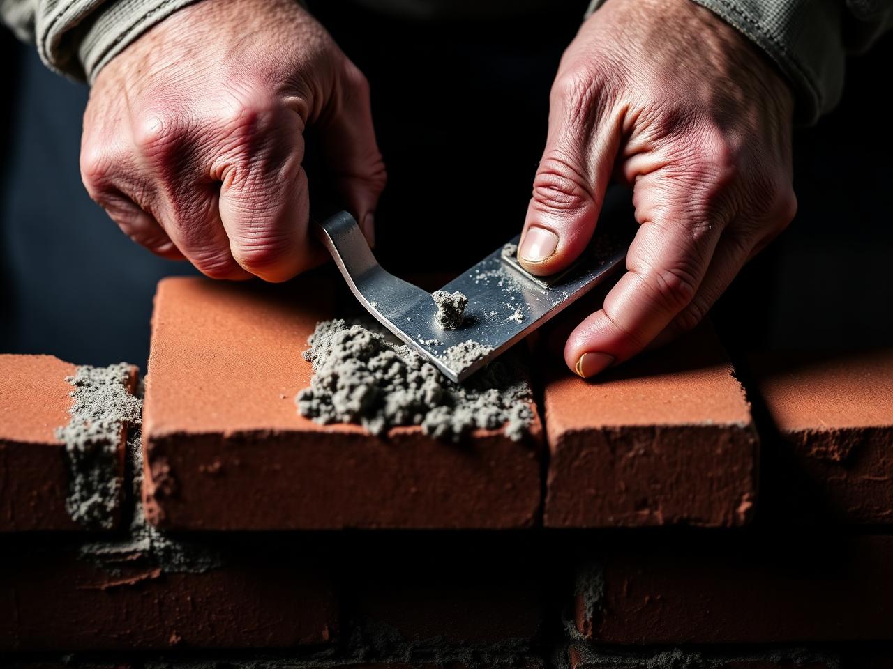 Mason's hands packing mortar between bricks with a trowel